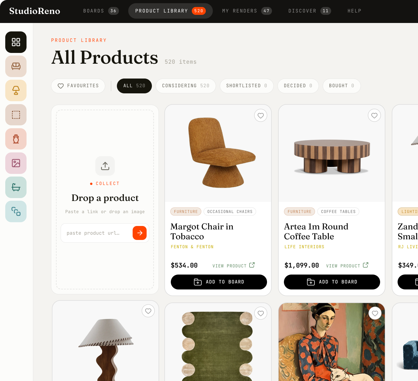 StudioReno product library — 520 items grid with categories and drop-to-add card